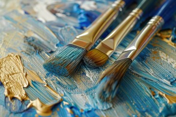 Fototapeta premium Closeup of paintbrushes on a colorful, textured canvas of blue and gold hues