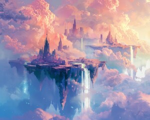 A fantasy landscape with floating islands, majestic waterfalls, and a breathtaking sky.