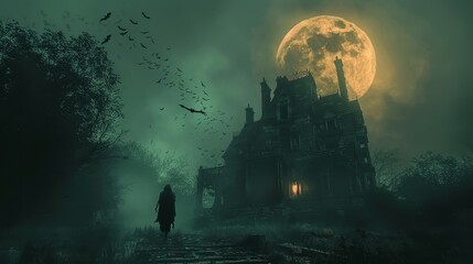Obraz premium A mysterious figure walks toward a dilapidated house under a full moon, surrounded by a flock of bats.