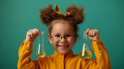 A young girl in a lab coat holds two beakers while smiling excitedly - Powered by Adobe