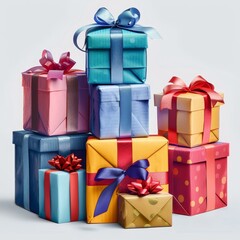 A stack of colorful wrapped gifts with bows, perfect for a celebration or holiday background.