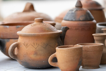 Traditional pottery made from clay. Asian pottery crafts made from clay