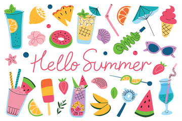 Vector illustration set of fruits, ice cream, summer drinks and lemonades, with hello summer lettering. Refreshing, tropical theme in flat cartoon style. Collection of icons for summer parties