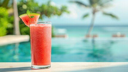 Glass of fresh watermelon smoothie juice drink on border of a swimming pool with pink Inflatable ring,beach umbrellas by the blue sea,holiday tropical,outdoor luxury beach resort or hotel concept.