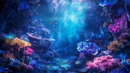 Fototapeta premium A vibrant underwater scene with colorful coral reefs and fish swimming through a beam of sunlight.