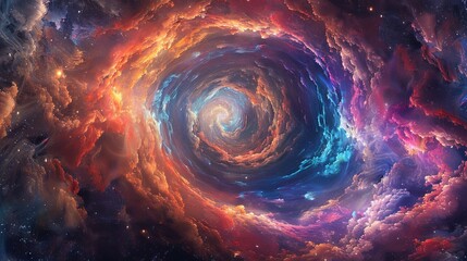 Abstract swirling nebula with vibrant colors and cosmic dust.