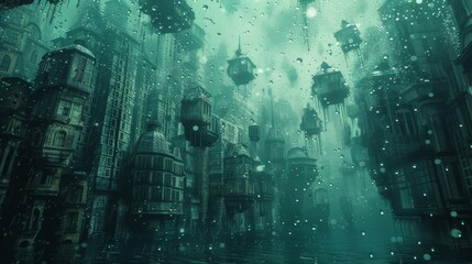 Surreal cityscape with floating buildings and a mysterious, greenish atmosphere.