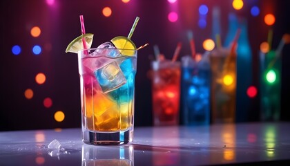 Futuristic brightly colored glass with soda cocktail arranged 
