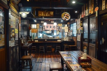 Cozy and authentic japanese dining setting with wooden furniture and cultural decorations
