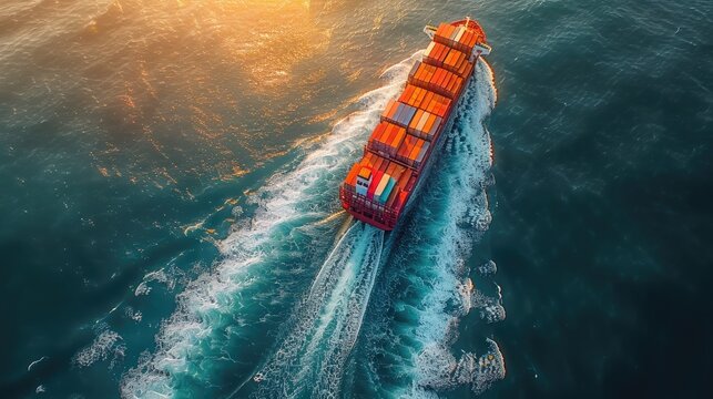 cargo ship with containers on the sea is sailing under an overpass, drone view from above
