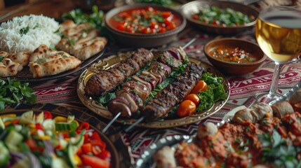 Fototapeta premium Delicious Middle Eastern Feast with Grilled Skewers