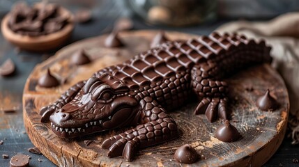 Naklejka premium Intricate Alligator Crocodile Chocolate Bar Sculpture on Wooden Surface
