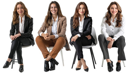 Pack of Happy businesswoman sitting with crossed legs on chair set against transparent background