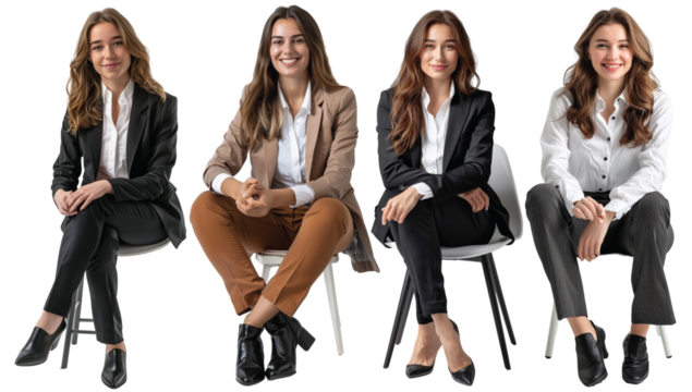 Pack of Happy businesswoman sitting with crossed legs on chair set against transparent background
