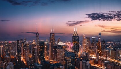Dusk Over the Majestic City Skyline: A Stunning Visual Symphony of Lights and Architecture city, night, skyline, cityscape, downtown, urban, building