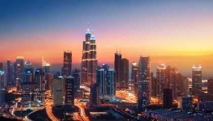 Obraz premium Dusk Over the Majestic City Skyline: A Stunning Visual Symphony of Lights and Architecture city, night, skyline, cityscape, downtown, urban, building