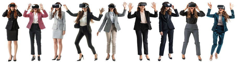 Pack of Happy businesswoman using VR headset set against transparent background
