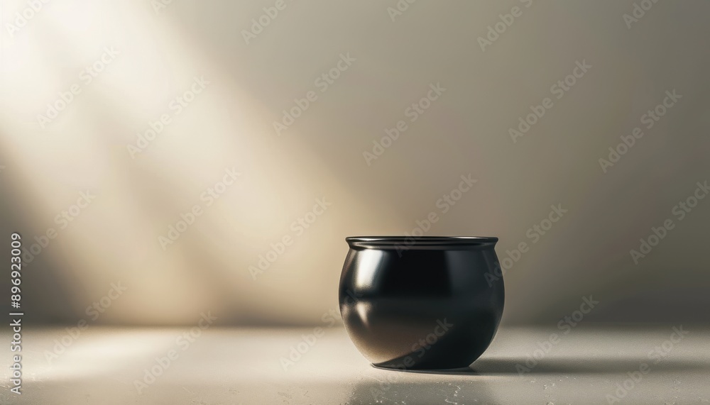 Poster a minimalistic 3d rendering of a cauldron with a smooth, rounded shape, set on a clean surface with 