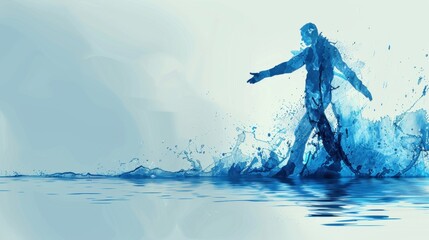 Abstract digital artwork of a man made of flowing water, blending into a serene aquatic environment, creating a sense of harmony and fluidity.