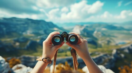 Female hands holding binoculars in a green field