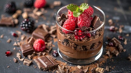 Decadent Chocolate Dessert Parfait With Fresh Raspberries and Garnished With Mint Leaves in a Glass