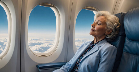 Senior business woman sleeping on plane during flight. Elegant woman taking a nap in business class, window seat