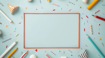 Colorful Flat Lay with Blank Frame and Art Supplies
