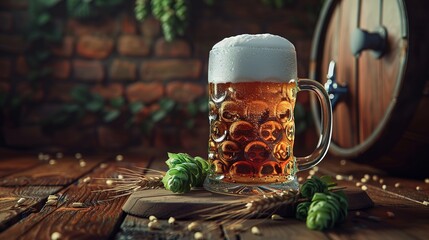 mug of beer, wheat ears, hops and beer barrel on a wooden background