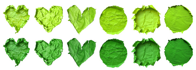 Collection set of dark light green lime crumpled crushed scrunched torn paper heart love, circle round shape on transparent cutout, PNG file. Many different design. Mockup template artwork graphic