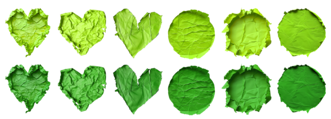 Collection set of dark light green lime crumpled crushed scrunched torn paper heart love, circle round shape on transparent cutout, PNG file. Many different design. Mockup template artwork graphic