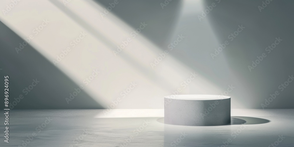 Poster a minimalistic 3d rendering of a podium with a single spotlight above, casting a clear shadow on a p