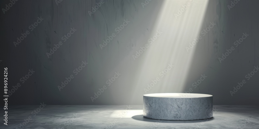 Poster a minimalistic 3d rendering of a podium with a single spotlight above, casting a clear shadow on a p