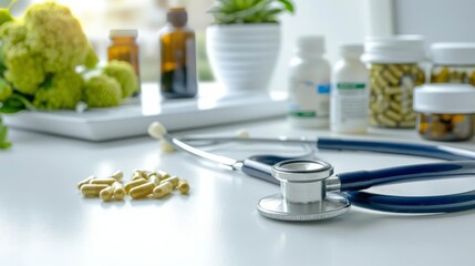 Healthy Innovative Herbal Functional Medicine A doctor's desk with natural supplements and a stethoscope