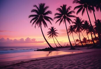 Fototapeta premium A purple-pink sunset on a beach with palm trees and an ocean view