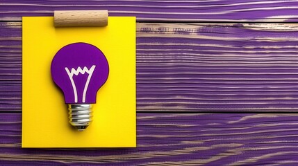 Creative concept of a purple light bulb on a yellow notepad over a rustic wooden background. Innovation, ideas, and brainstorming theme.