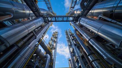 Array of industrial pipes in factory energy facility power plant,shot from below