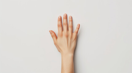 A closeup view of a hand with spread fingers against a white background.