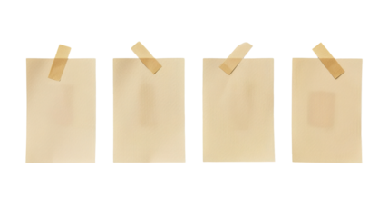 Four blank notes with tape on a transparent background, PNG