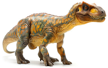 Fototapeta premium A toy dinosaur standing on a white background.
