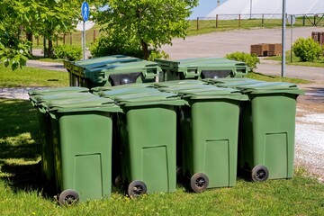 Green trash cans of different sizes.