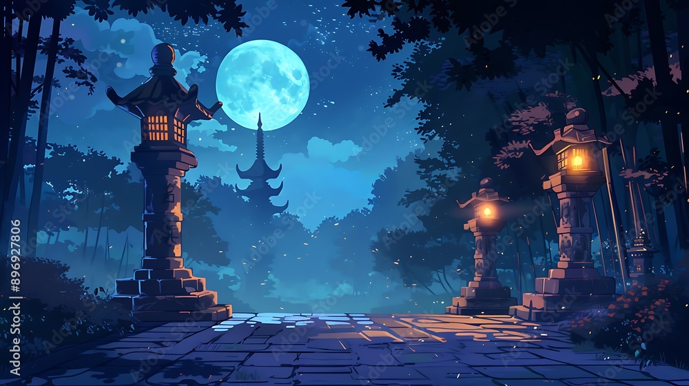 Poster stone lanterns illuminating a path through a moonlit forest