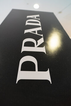 KUALA LUMPUR, MALAYSIA - DECEMBER 02, 2023: close up shot of Prada sign as seen at Prada Paradoxe Experience Zone in Suria KLCC shopping mall. Prada is an Italian luxury fashion house.