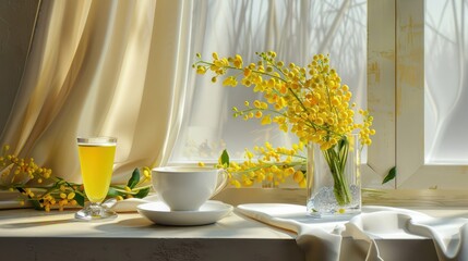 Serene Still Life with Yellow Flowers and Beverage