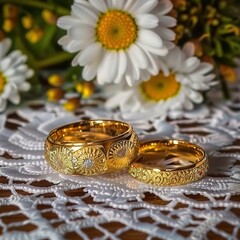 Illustration of a luxuriously carved gold wedding ring with a background of fresh flowers and white lace. The ring functions as a bond between the bride and groom, as well as proof of the fulfillment 