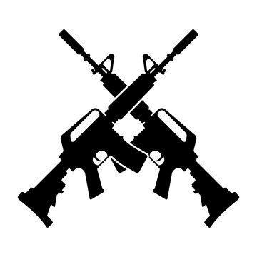 Vector illustration of two crossed assault rifles, american M16 and soviet AK47. Silhouette of automatic firearm and guns. Editable vector eps file for icon, emblem, badge, symbol, logo sign, etc