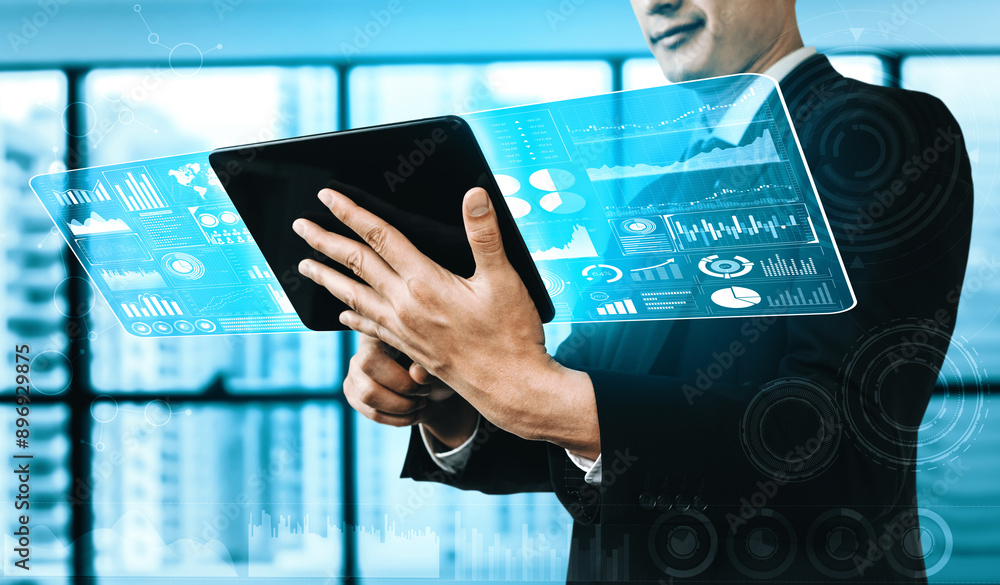 Poster big data technology for business finance analytic concept. modern interface shows massive informatio