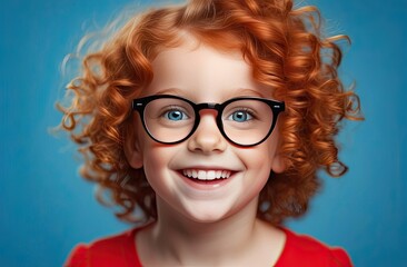 Obraz premium Portrait of a red-haired pretty young girl in round glasses blue background. Female face. Watercolor illustration.