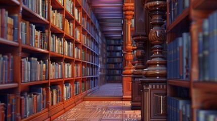 Obraz premium Cozy Library Interior with Wooden Bookshelves