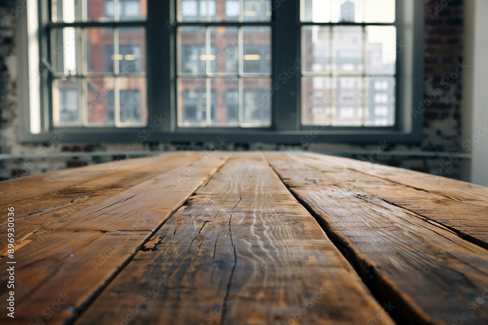 Poster empty rustic wooden table with windows background of natural light