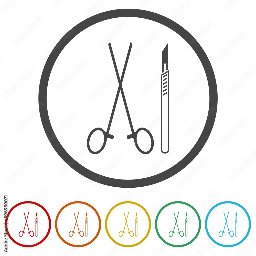 Poster surgical instruments icon. set icons in color circle buttons